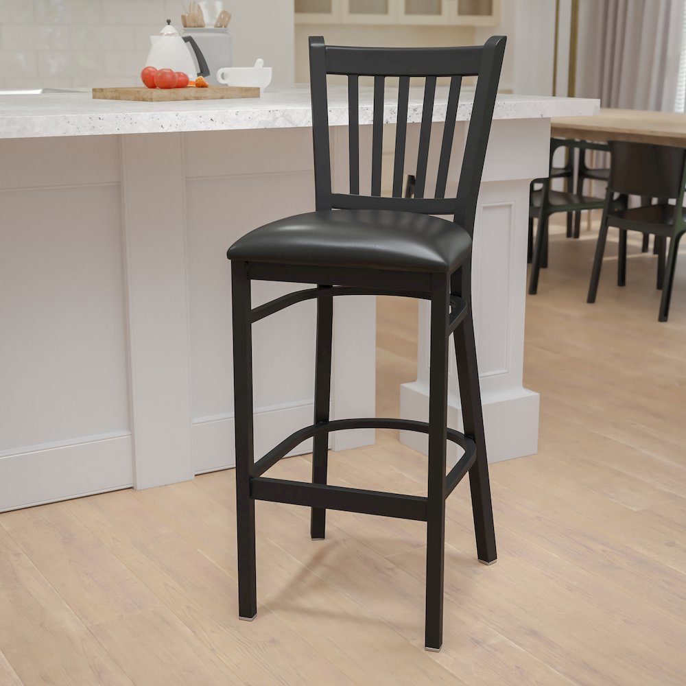 Black Vertical Back Metal Restaurant Barstool - Black Vinyl Seat. Picture 2