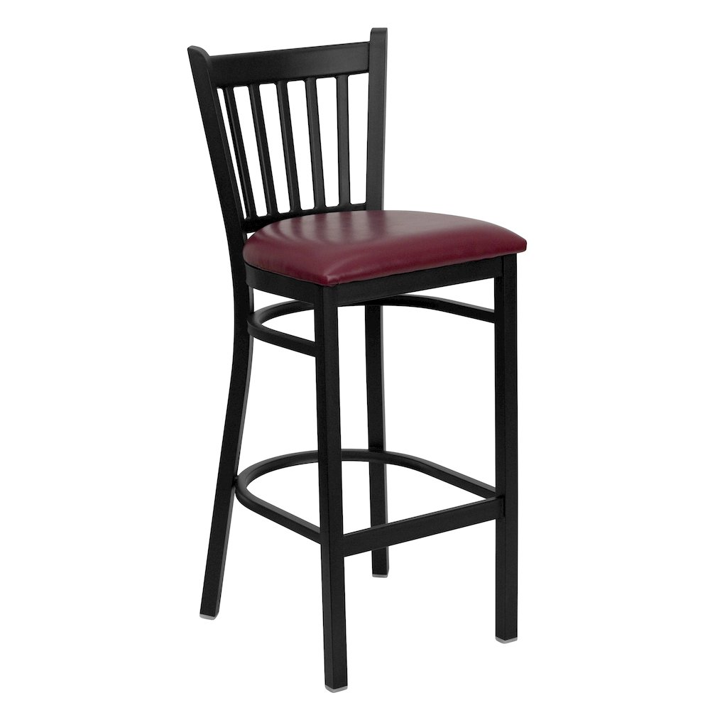 Black Vertical Back Metal Restaurant Barstool - Burgundy Vinyl Seat. Picture 1