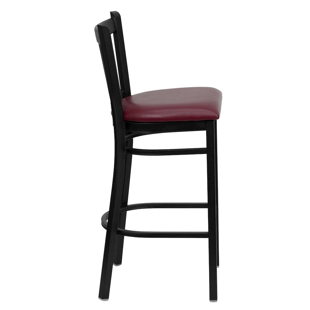 Black Vertical Back Metal Restaurant Barstool - Burgundy Vinyl Seat. Picture 5
