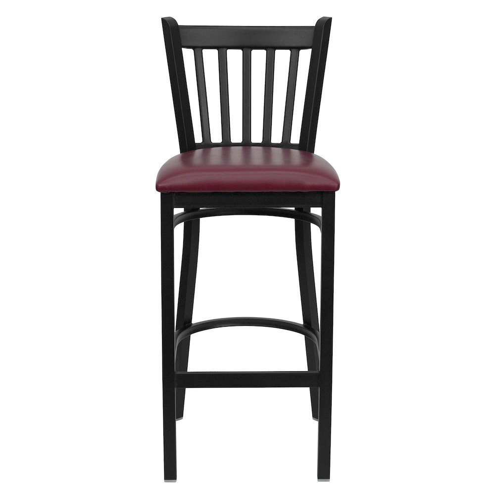Black Vertical Back Metal Restaurant Barstool - Burgundy Vinyl Seat. Picture 6