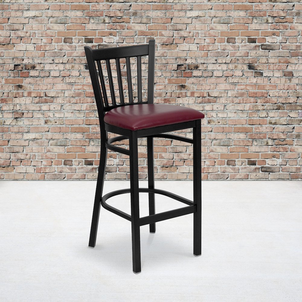 Black Vertical Back Metal Restaurant Barstool - Burgundy Vinyl Seat. Picture 2