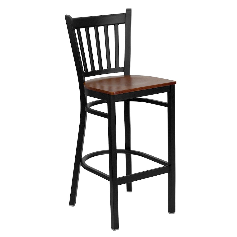 Black Vertical Back Metal Restaurant Barstool - Cherry Wood Seat. Picture 1