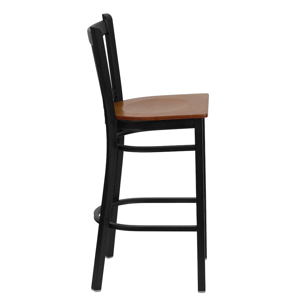 Black Vertical Back Metal Restaurant Barstool - Cherry Wood Seat. Picture 5