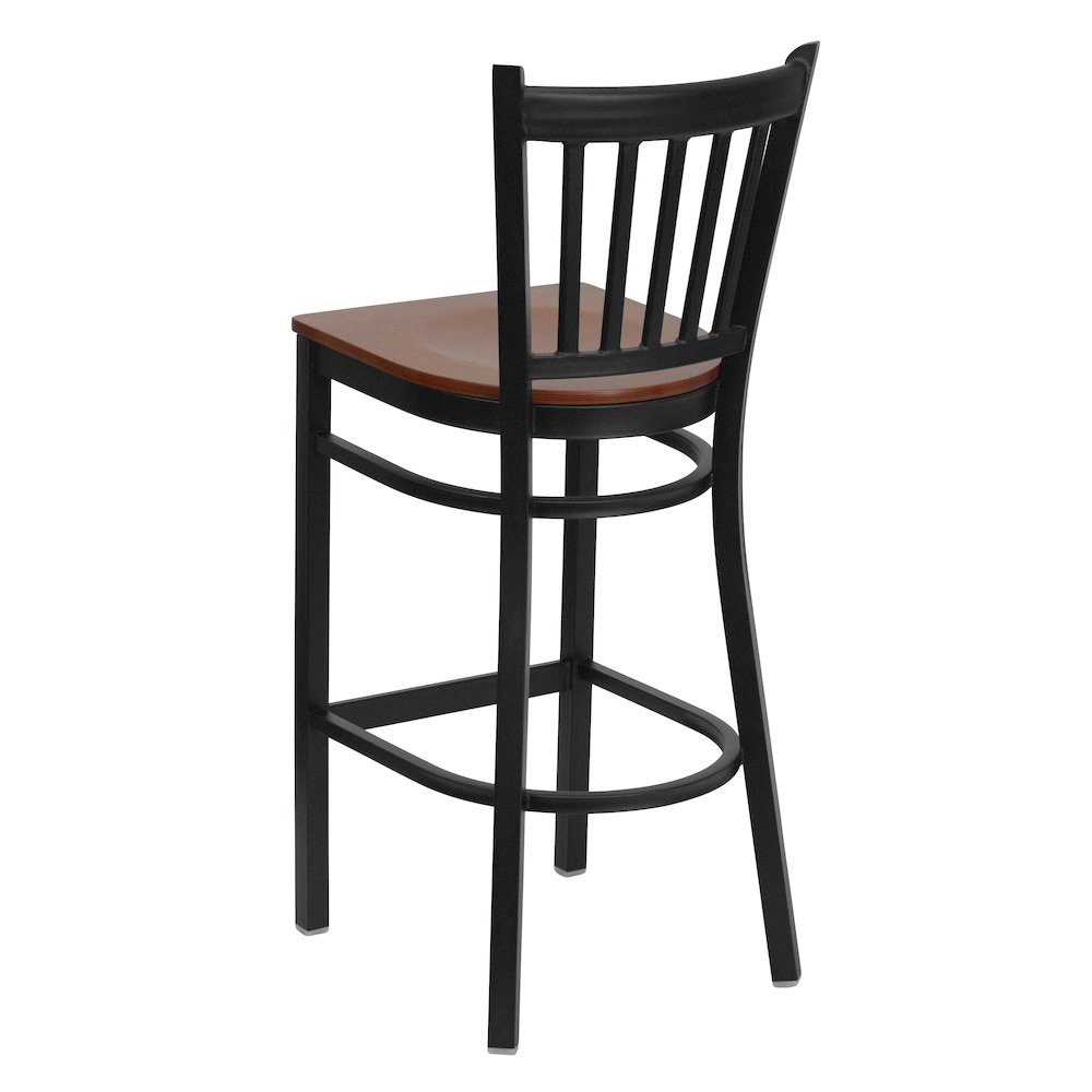 Black Vertical Back Metal Restaurant Barstool - Cherry Wood Seat. Picture 4