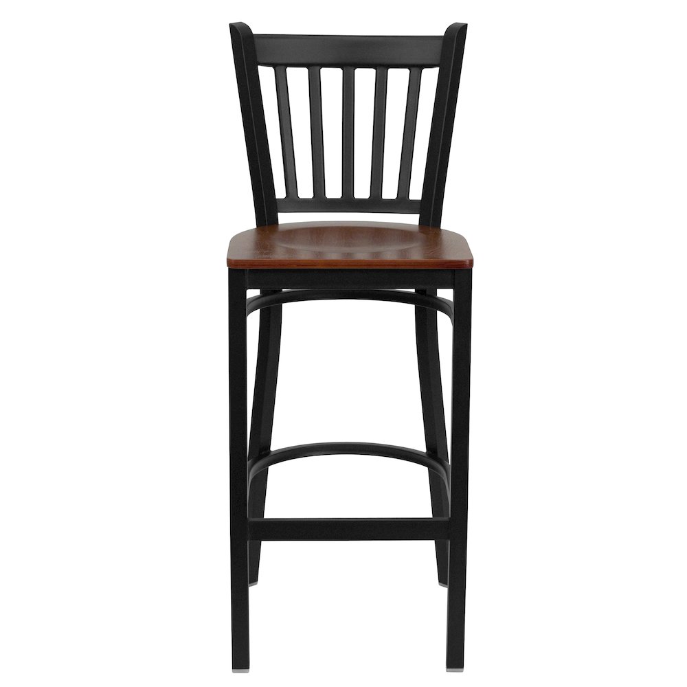 Black Vertical Back Metal Restaurant Barstool - Cherry Wood Seat. Picture 6