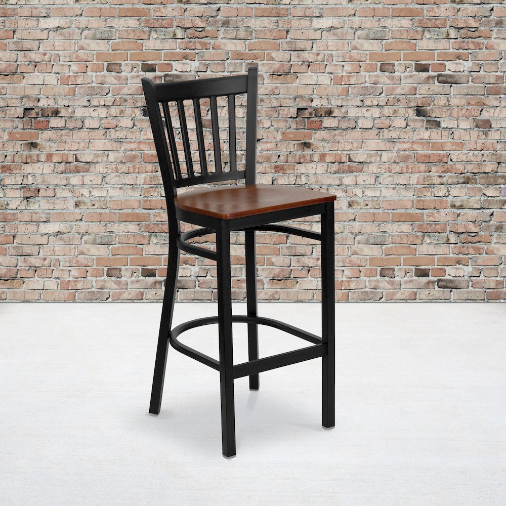 Black Vertical Back Metal Restaurant Barstool - Cherry Wood Seat. Picture 2
