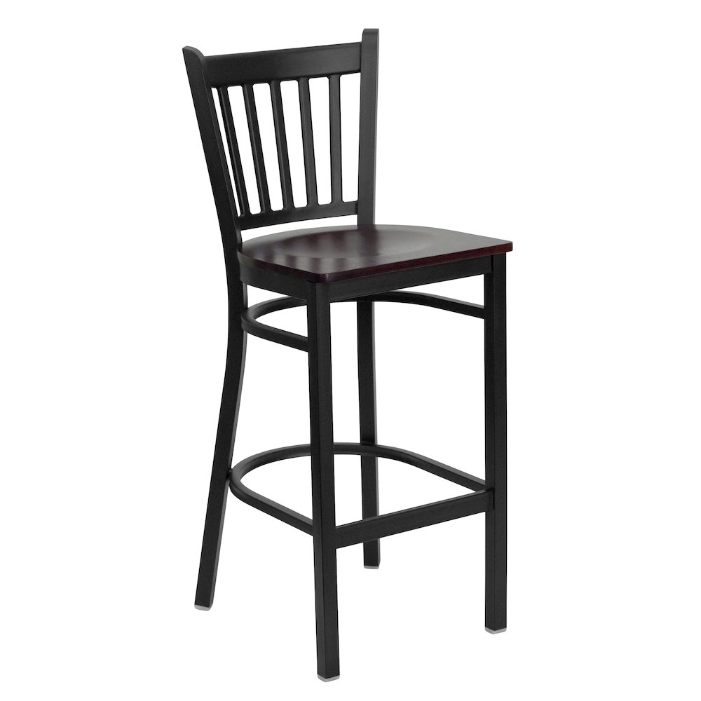 Black Vertical Back Metal Restaurant Barstool - Mahogany Wood Seat. Picture 1