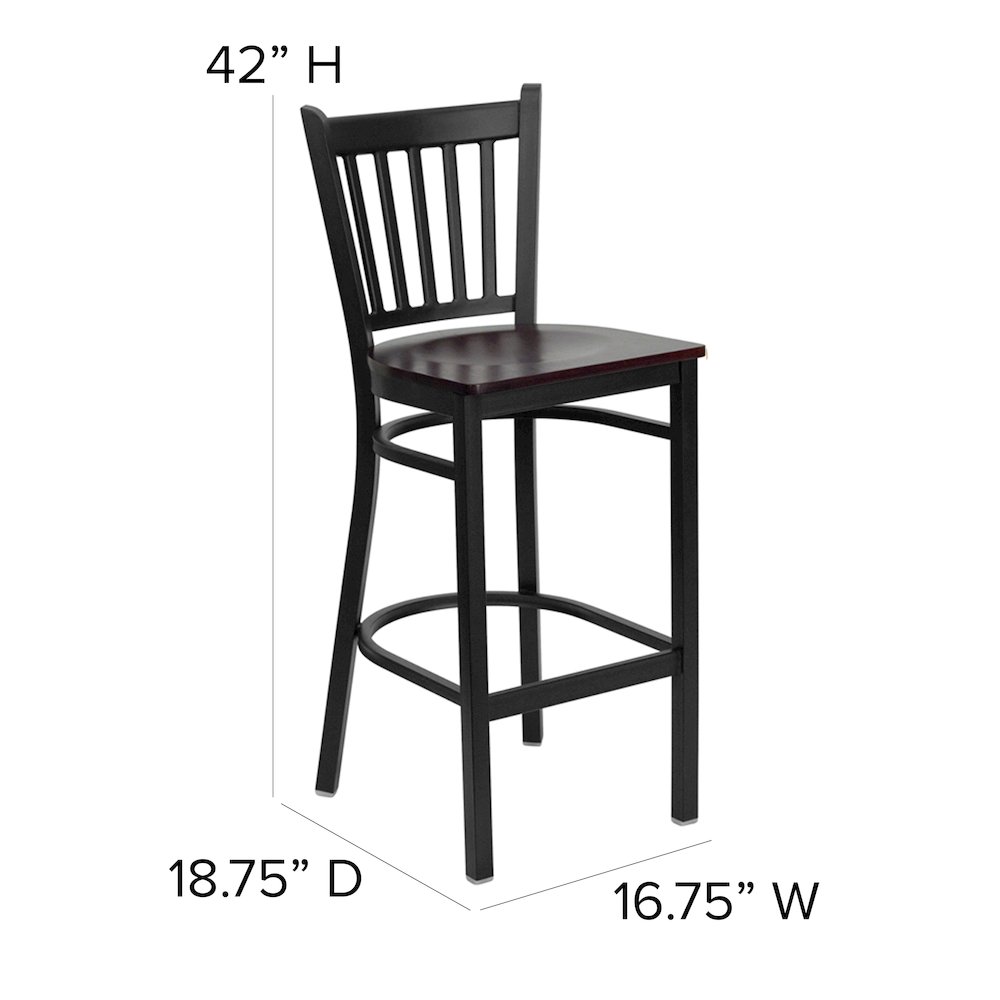 Black Vertical Back Metal Restaurant Barstool - Mahogany Wood Seat. Picture 5