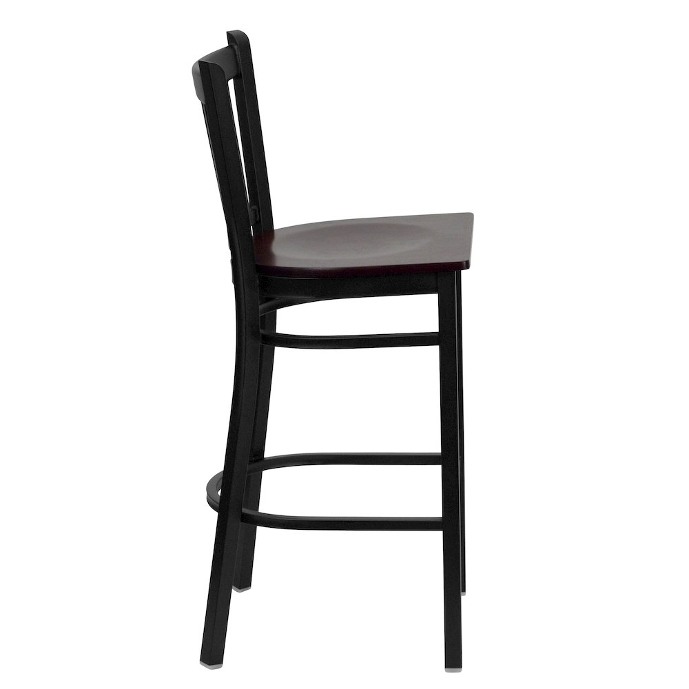 Black Vertical Back Metal Restaurant Barstool - Mahogany Wood Seat. Picture 8