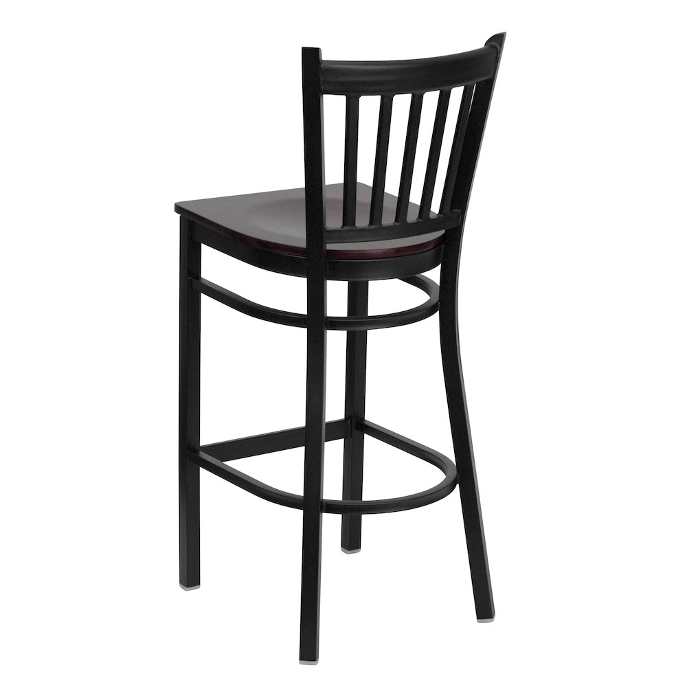Black Vertical Back Metal Restaurant Barstool - Mahogany Wood Seat. Picture 6