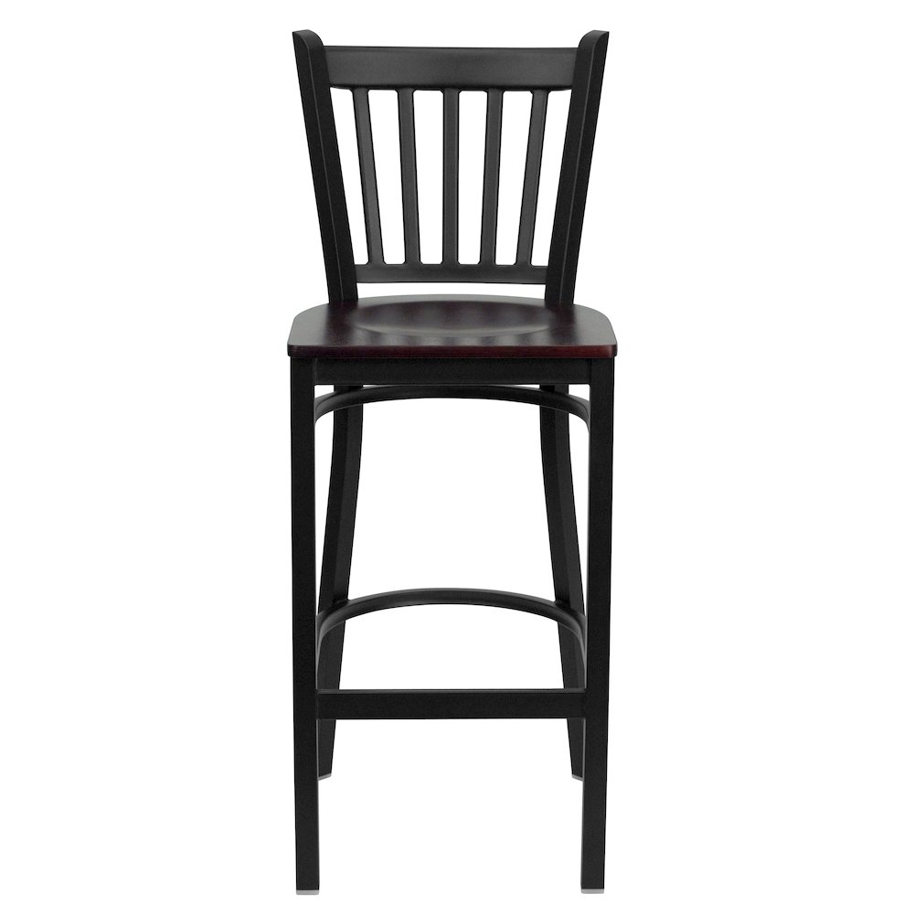 Black Vertical Back Metal Restaurant Barstool - Mahogany Wood Seat. Picture 9