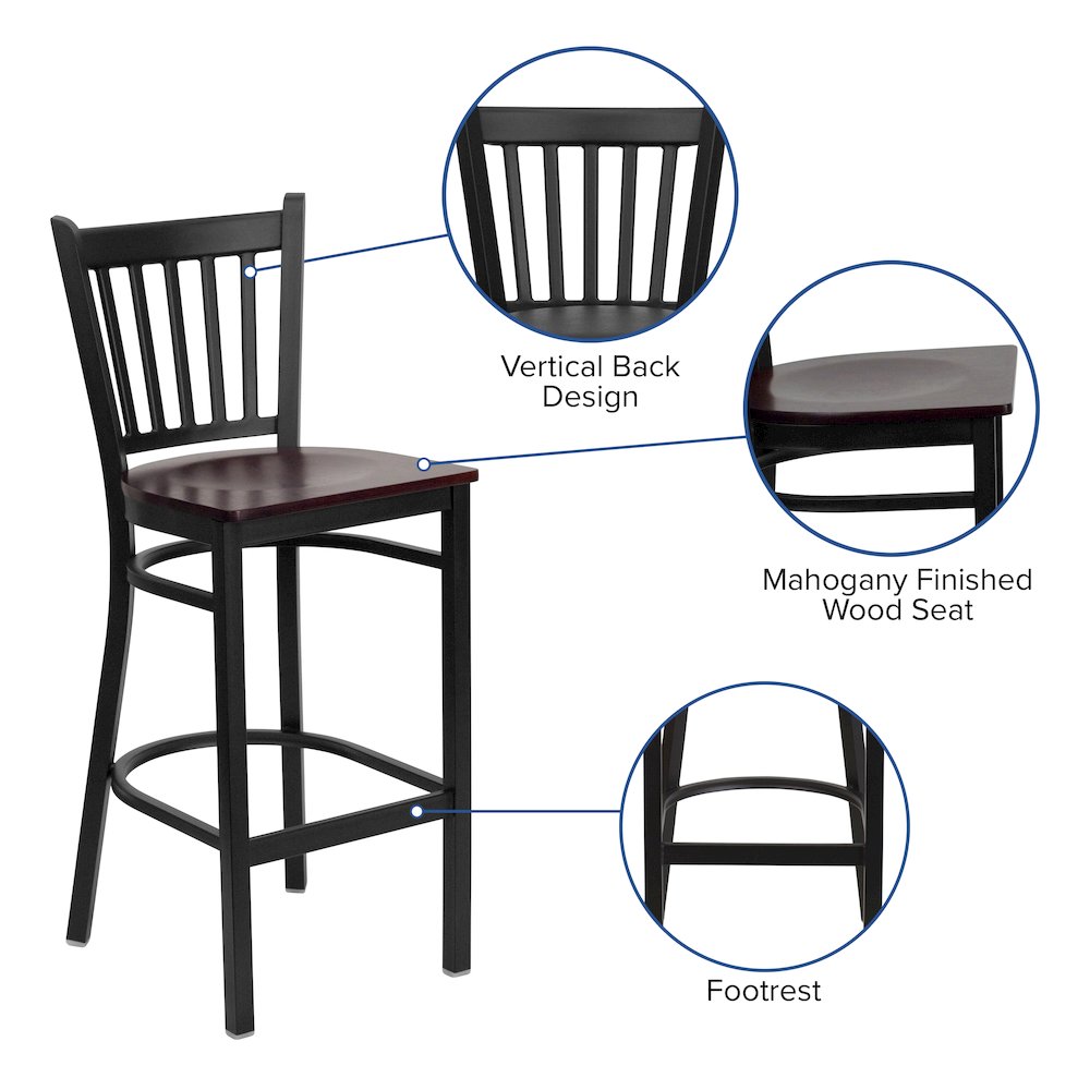 Black Vertical Back Metal Restaurant Barstool - Mahogany Wood Seat. Picture 4