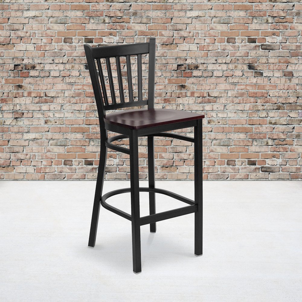Black Vertical Back Metal Restaurant Barstool - Mahogany Wood Seat. Picture 2