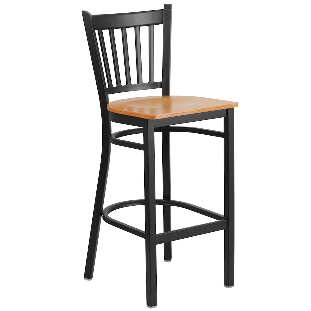 Black Vertical Back Metal Restaurant Barstool - Natural Wood Seat. Picture 1