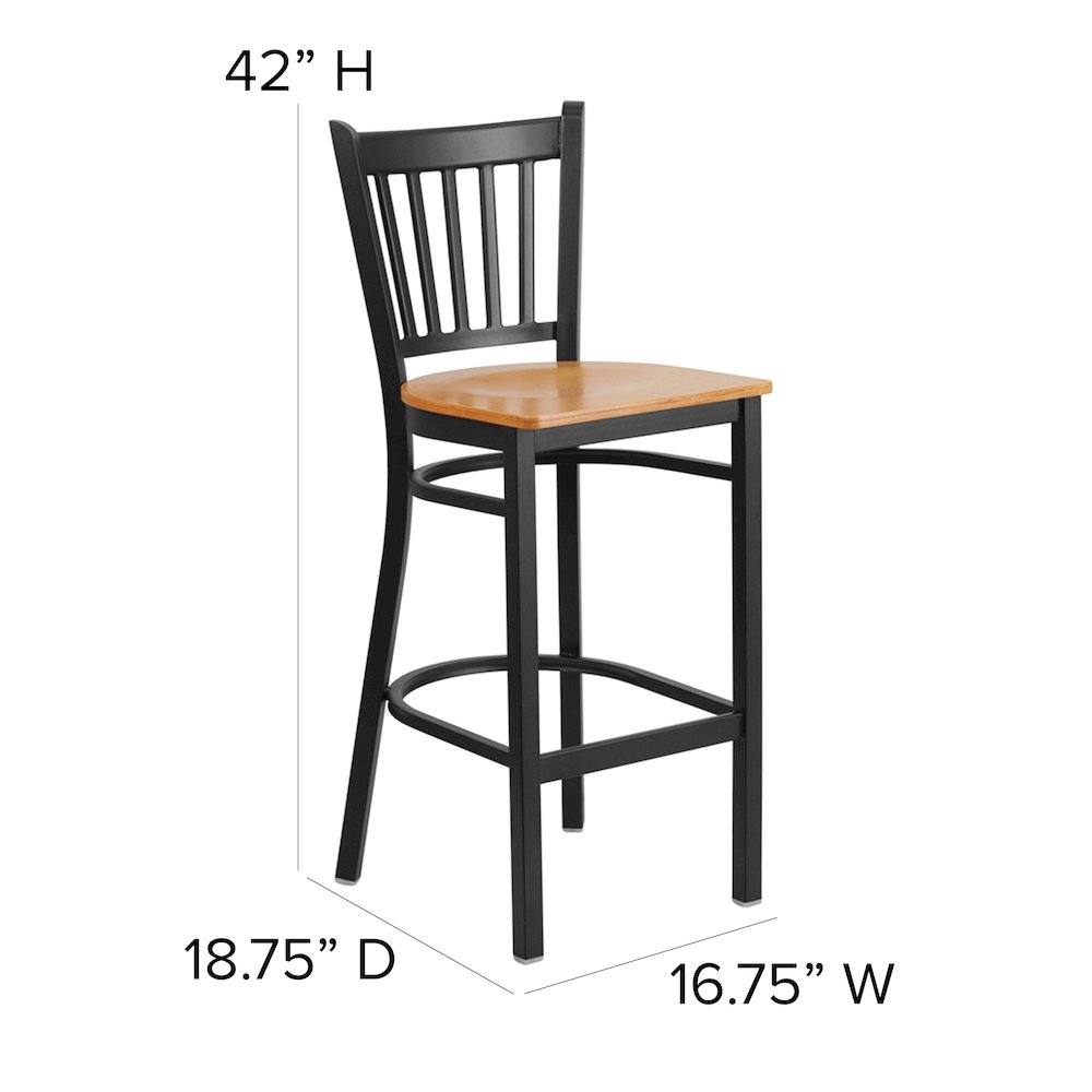 Black Vertical Back Metal Restaurant Barstool - Natural Wood Seat. Picture 5