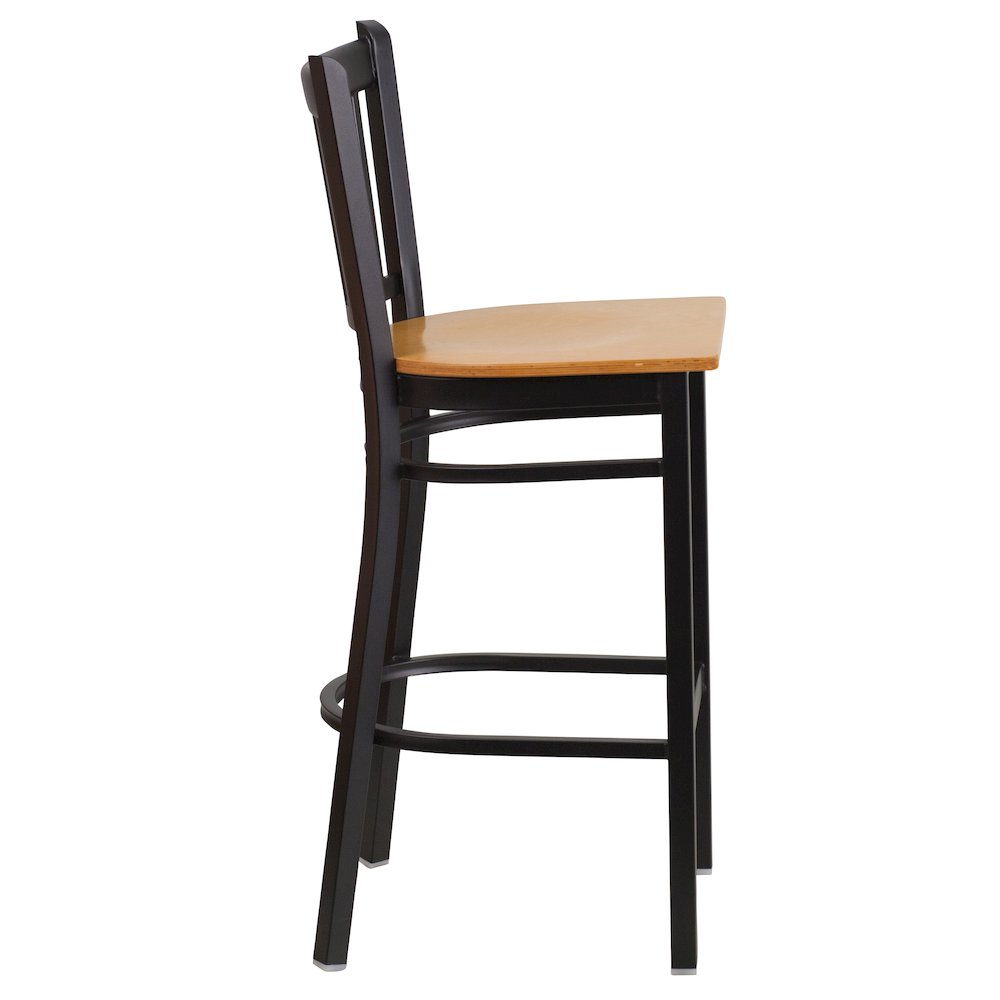 Black Vertical Back Metal Restaurant Barstool - Natural Wood Seat. Picture 8