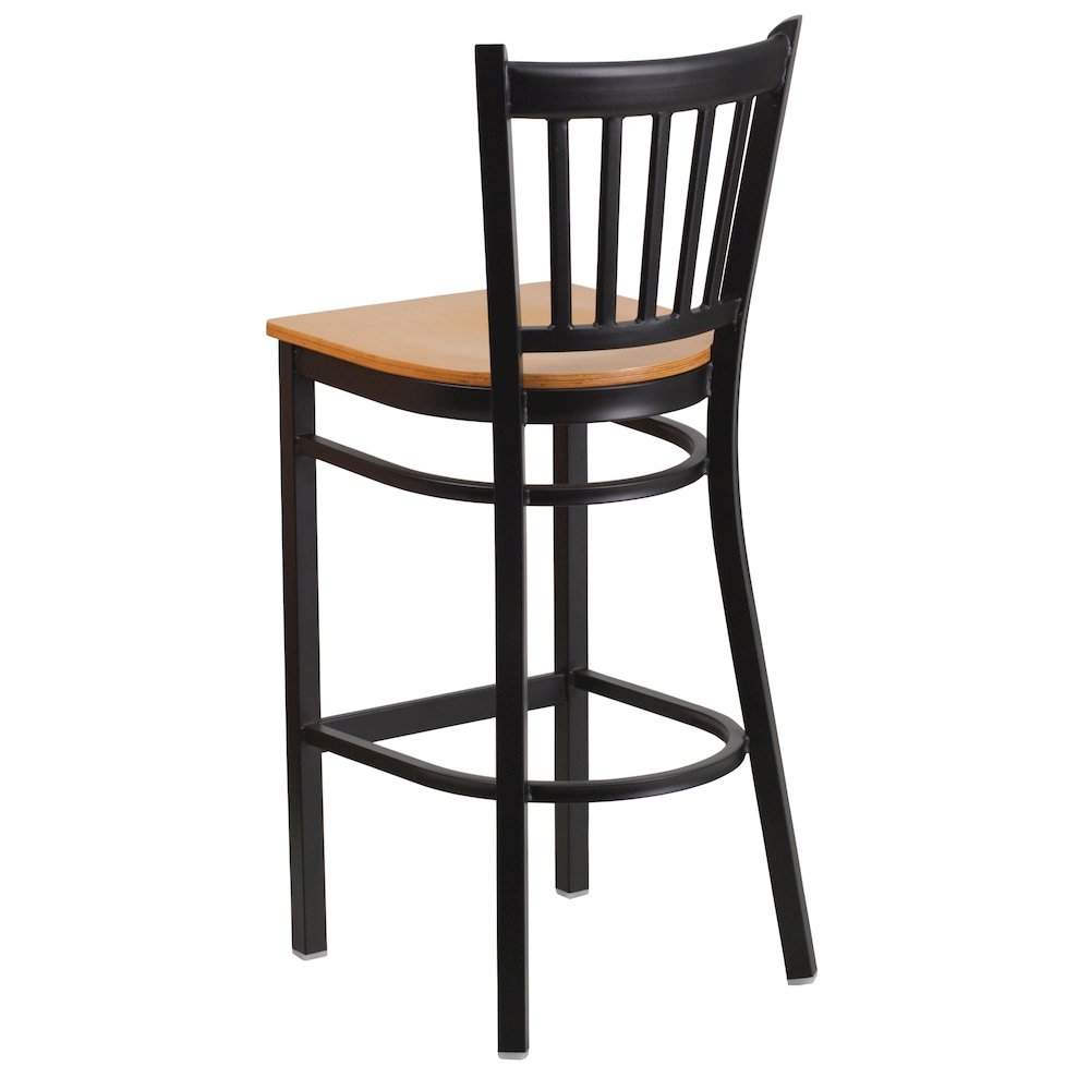 Black Vertical Back Metal Restaurant Barstool - Natural Wood Seat. Picture 6