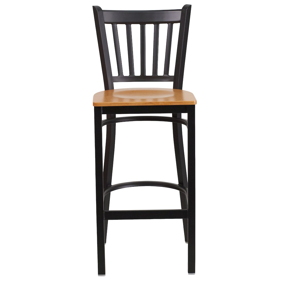Black Vertical Back Metal Restaurant Barstool - Natural Wood Seat. Picture 9