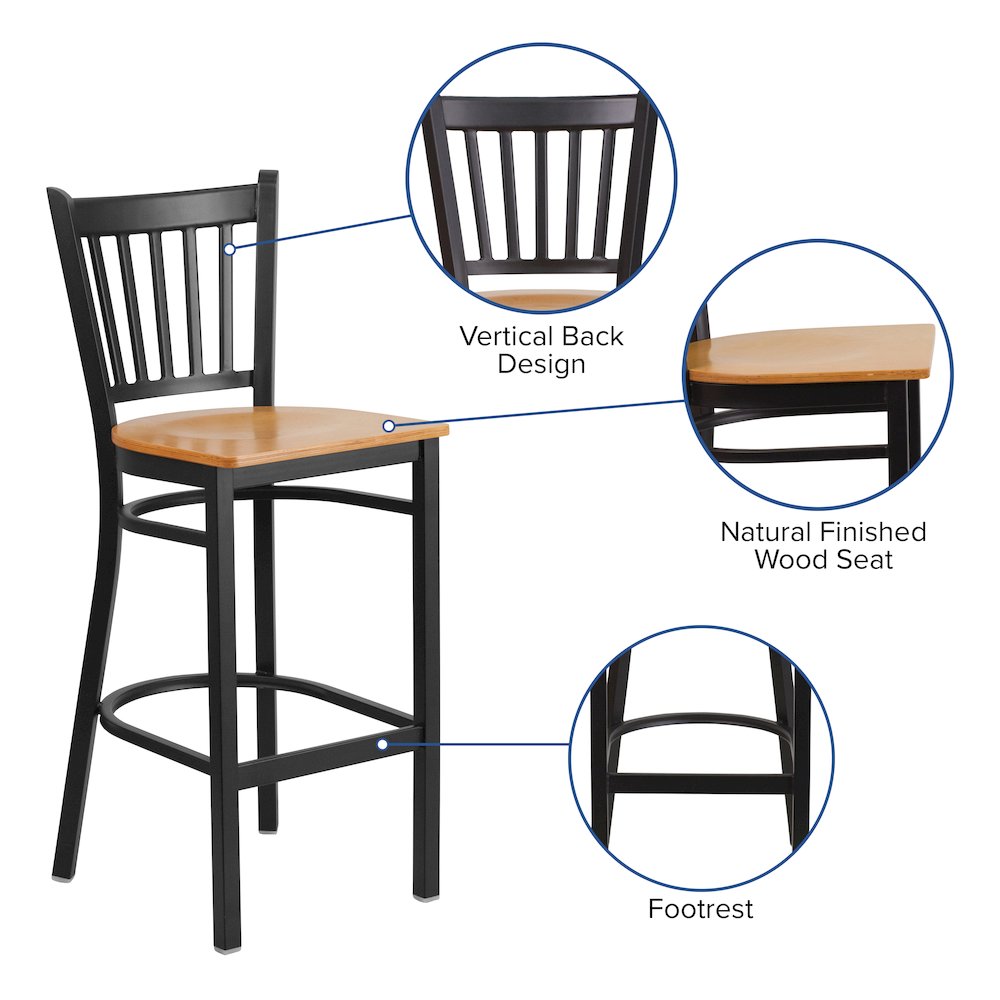 Black Vertical Back Metal Restaurant Barstool - Natural Wood Seat. Picture 4