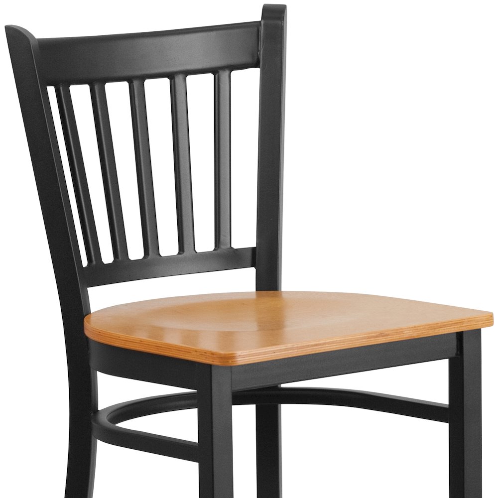 Black Vertical Back Metal Restaurant Barstool - Natural Wood Seat. Picture 7
