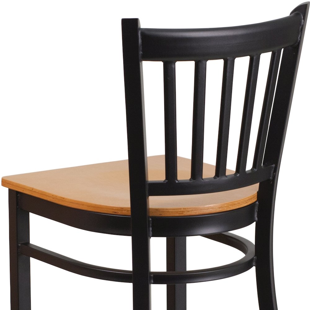 Black Vertical Back Metal Restaurant Barstool - Natural Wood Seat. Picture 10