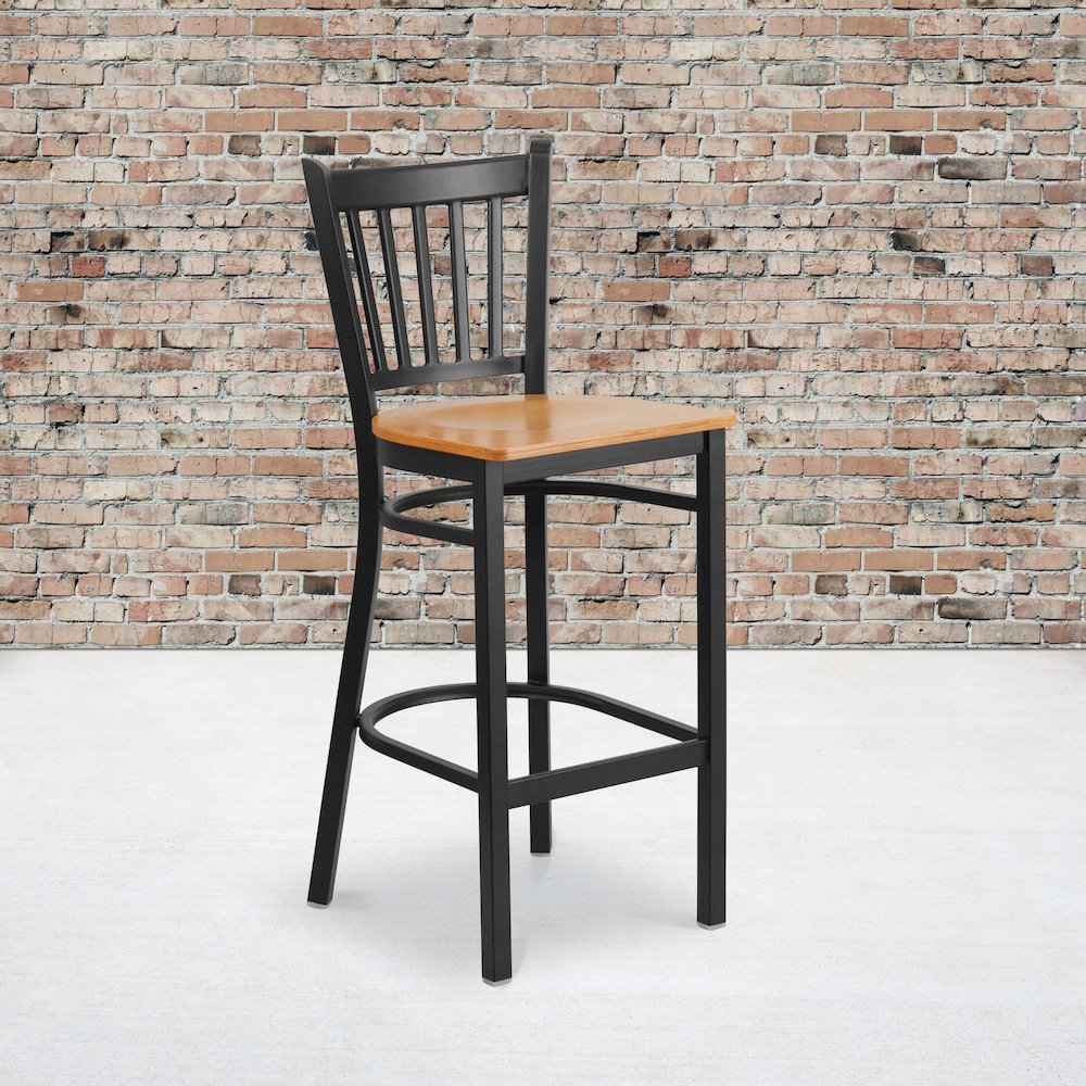 Black Vertical Back Metal Restaurant Barstool - Natural Wood Seat. Picture 2