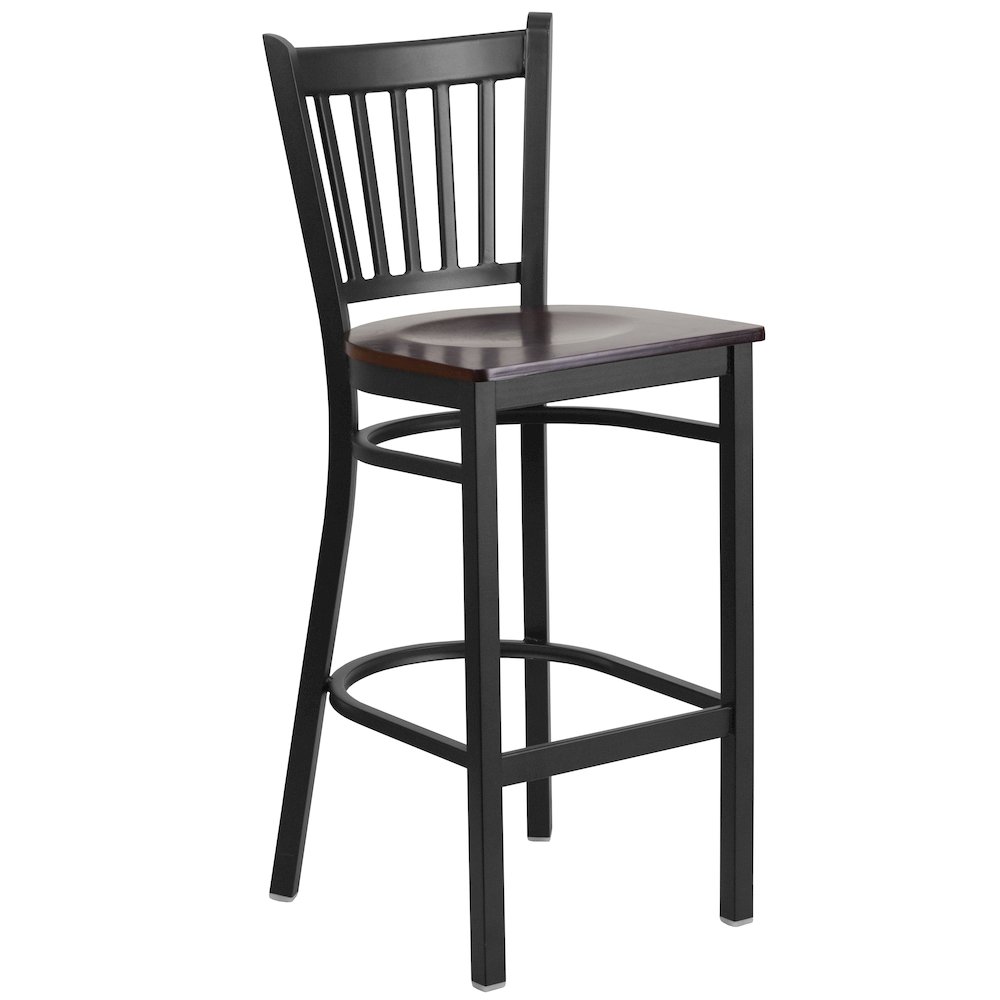 Black Vertical Back Metal Restaurant Barstool - Walnut Wood Seat. Picture 1