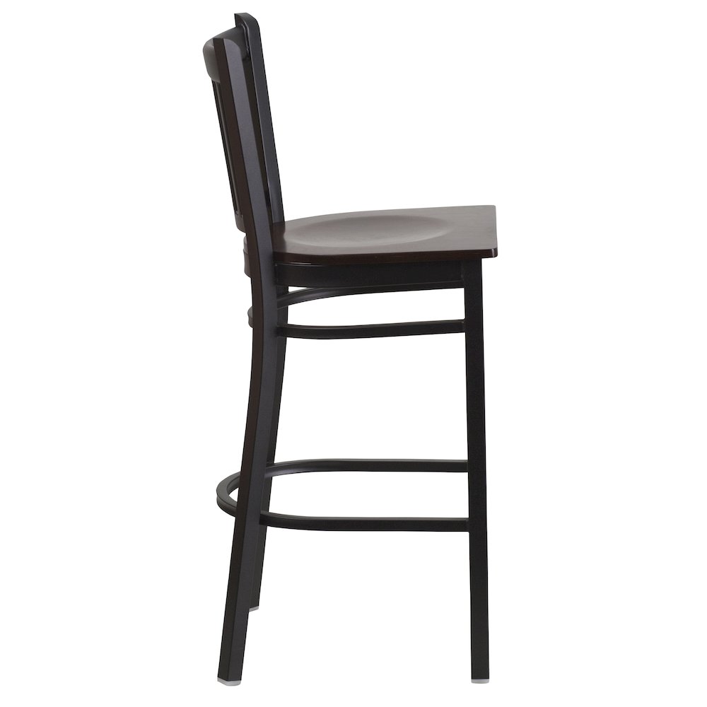 Black Vertical Back Metal Restaurant Barstool - Walnut Wood Seat. Picture 5