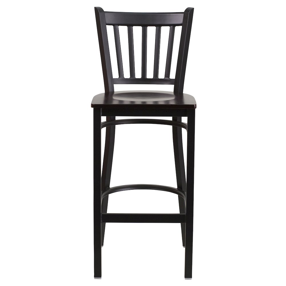 Black Vertical Back Metal Restaurant Barstool - Walnut Wood Seat. Picture 6