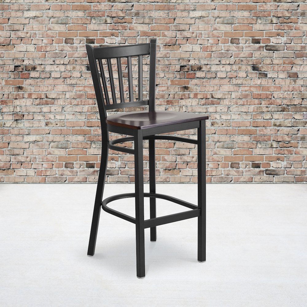 Black Vertical Back Metal Restaurant Barstool - Walnut Wood Seat. Picture 2