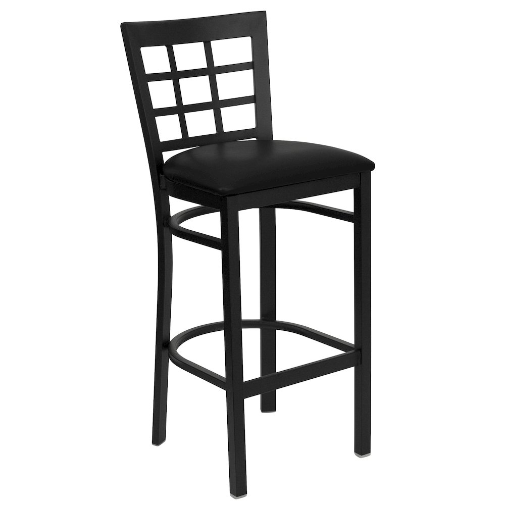 Black Window Back Metal Restaurant Barstool - Black Vinyl Seat. Picture 1