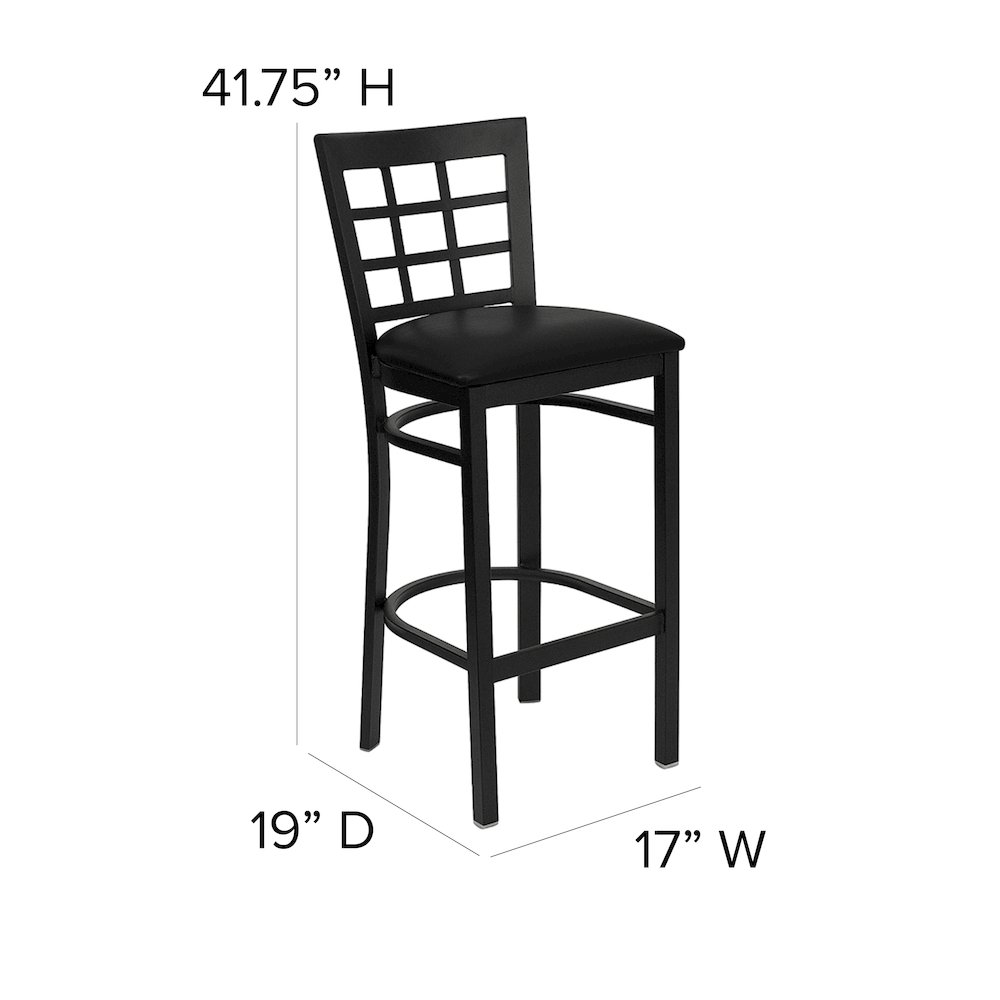 Black Window Back Metal Restaurant Barstool - Black Vinyl Seat. Picture 5