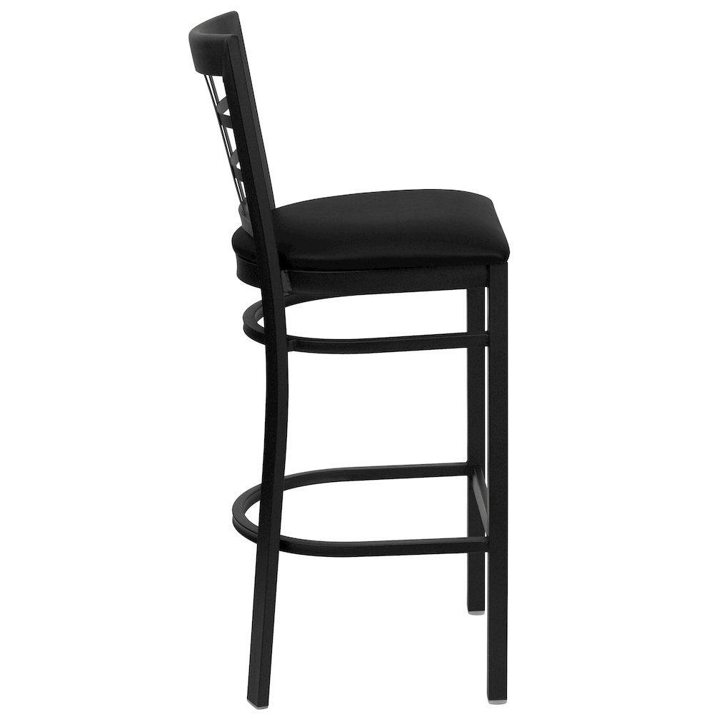 Black Window Back Metal Restaurant Barstool - Black Vinyl Seat. Picture 2