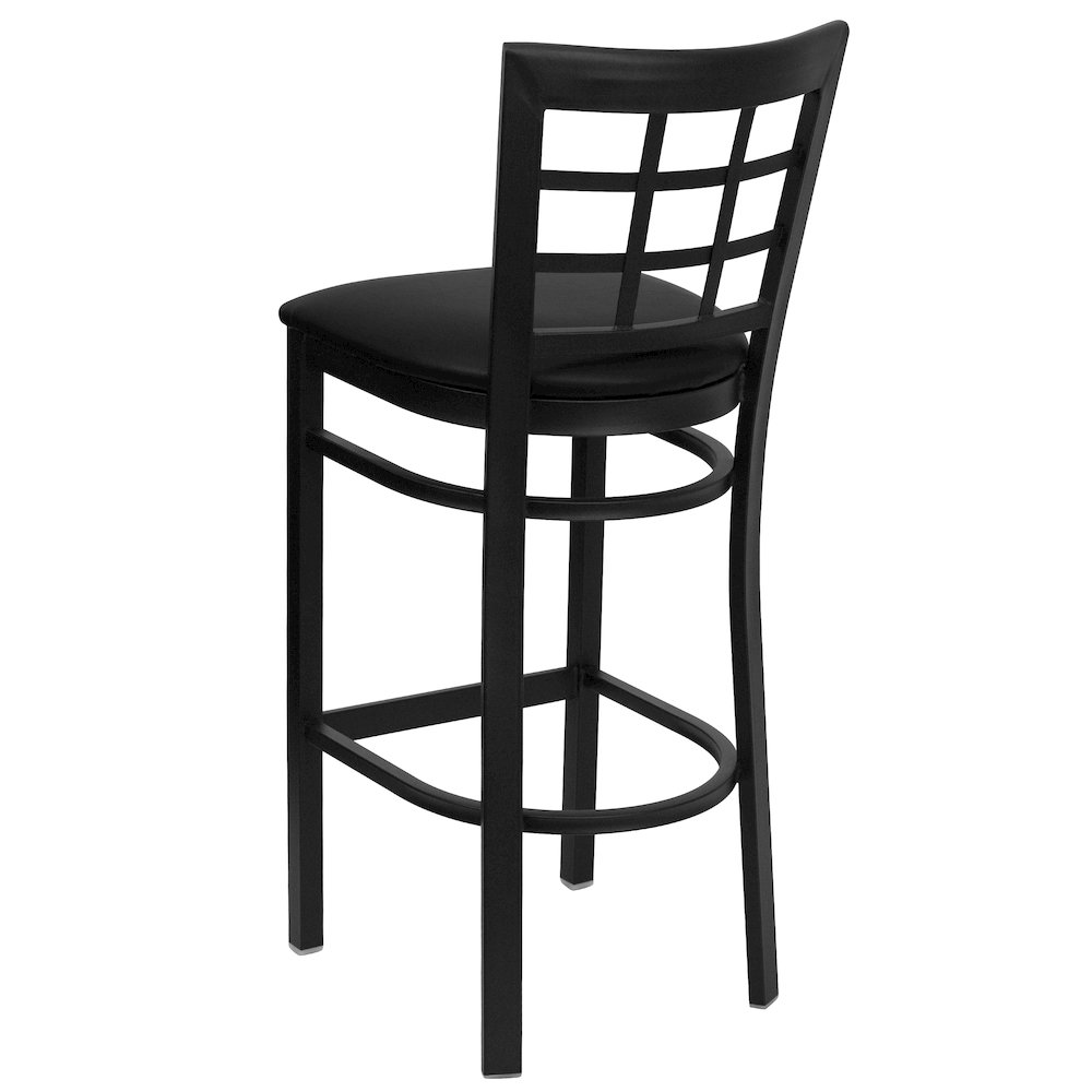 Black Window Back Metal Restaurant Barstool - Black Vinyl Seat. Picture 3