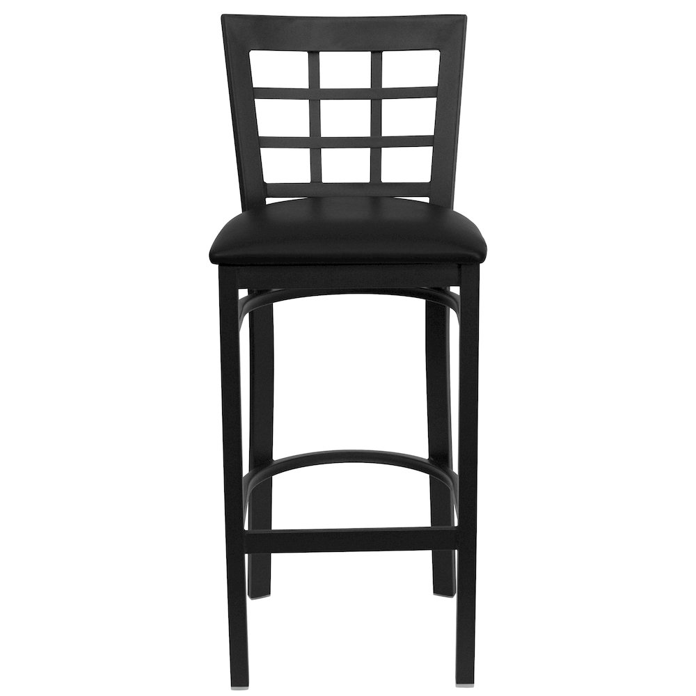 Black Window Back Metal Restaurant Barstool - Black Vinyl Seat. Picture 4