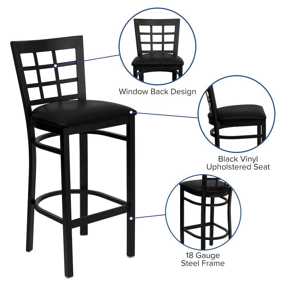 Black Window Back Metal Restaurant Barstool - Black Vinyl Seat. Picture 4