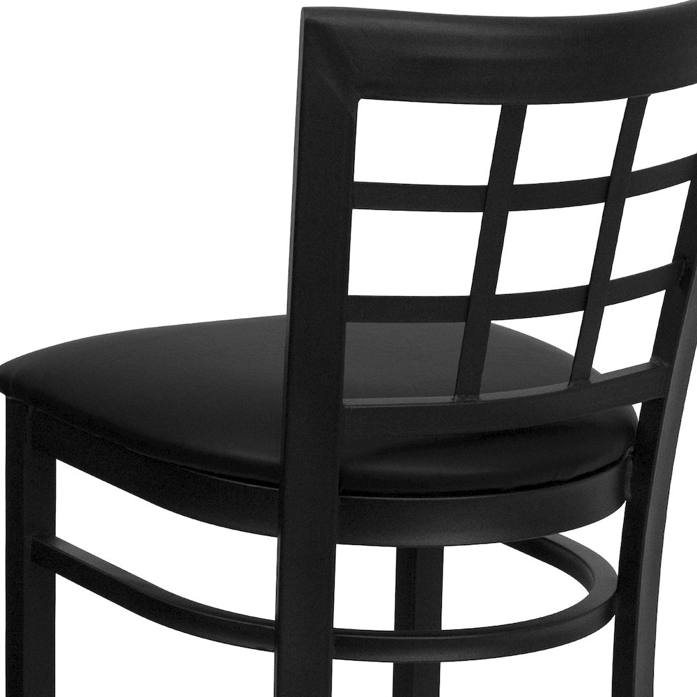 Black Window Back Metal Restaurant Barstool - Black Vinyl Seat. Picture 7
