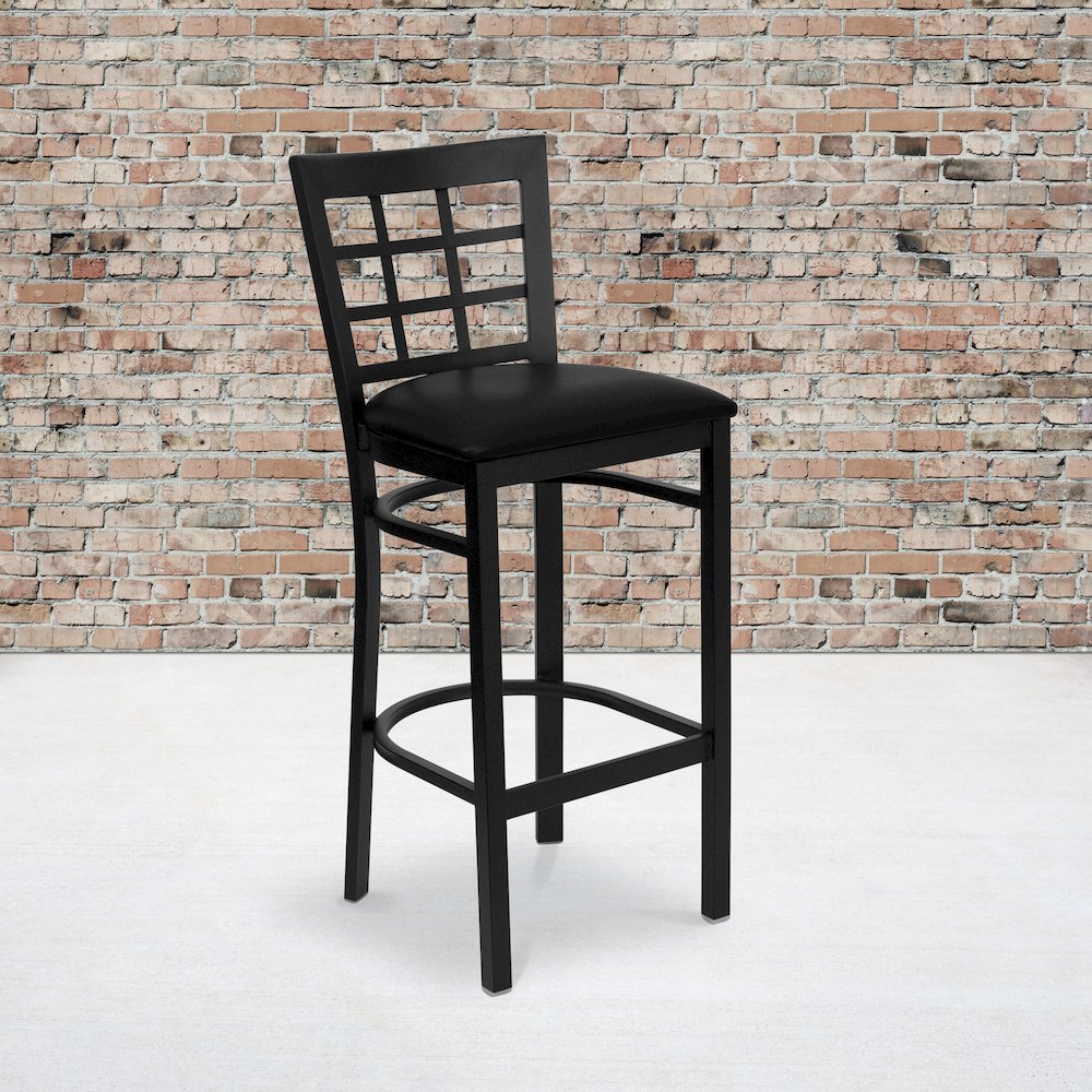 Black Window Back Metal Restaurant Barstool - Black Vinyl Seat. Picture 5