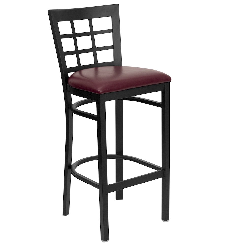Black Window Back Metal Restaurant Barstool - Burgundy Vinyl Seat. Picture 1