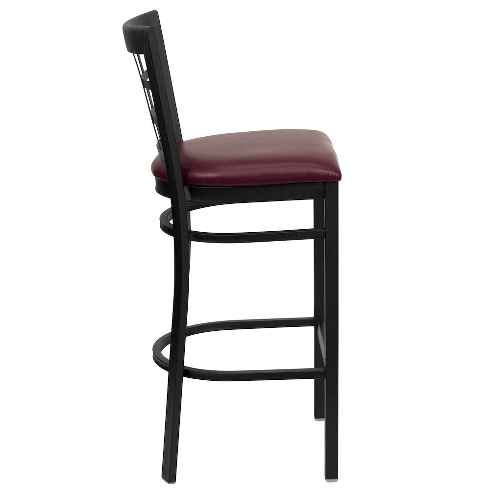 Black Window Back Metal Restaurant Barstool - Burgundy Vinyl Seat. Picture 2