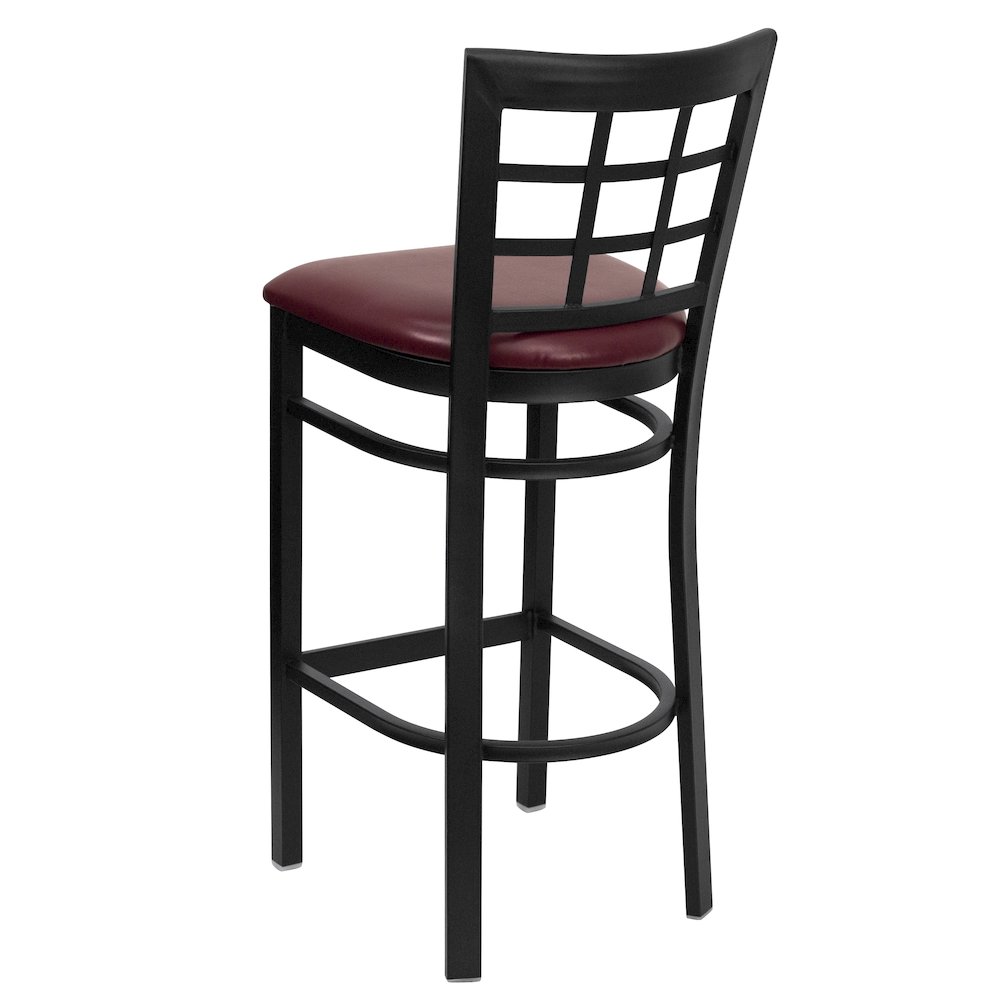 Black Window Back Metal Restaurant Barstool - Burgundy Vinyl Seat. Picture 3