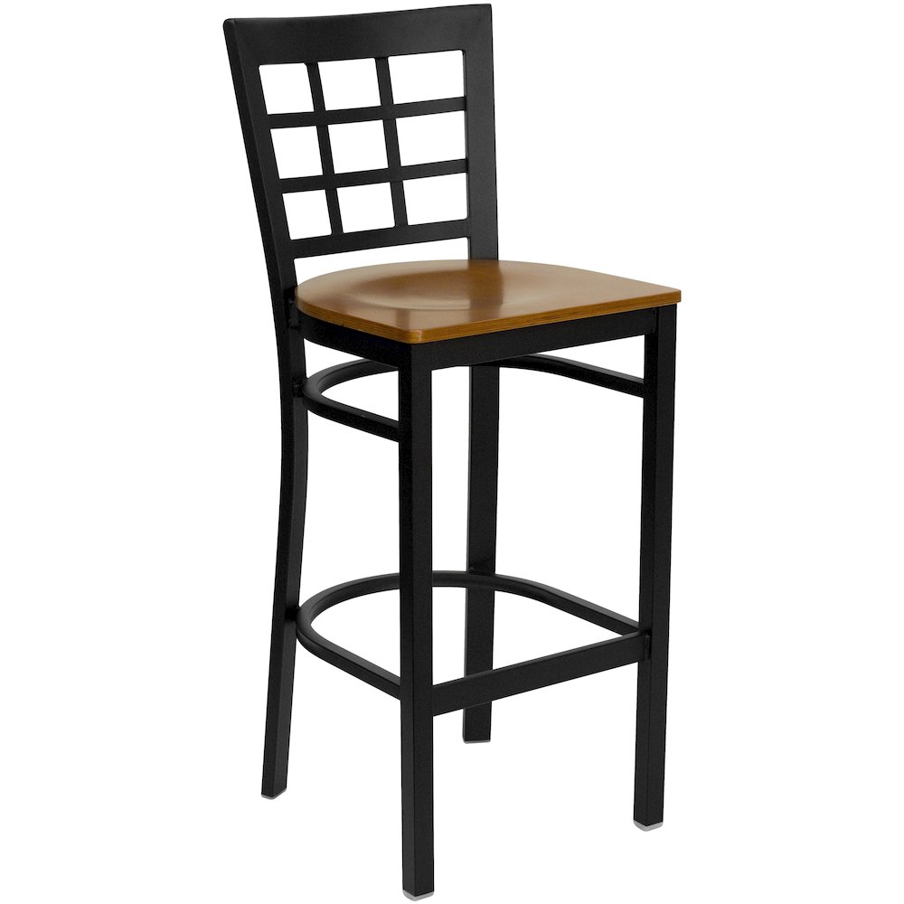 Black Window Back Metal Restaurant Barstool - Cherry Wood Seat. Picture 1