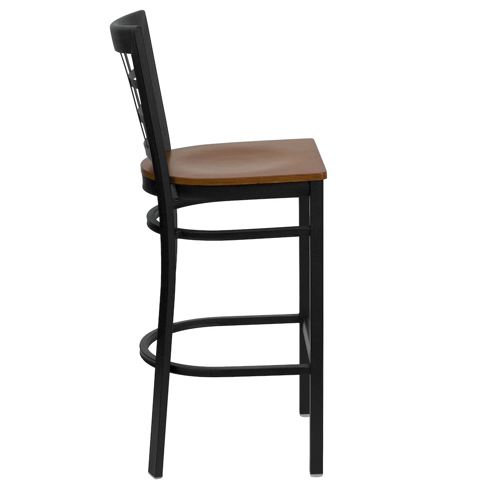 Black Window Back Metal Restaurant Barstool - Cherry Wood Seat. Picture 2