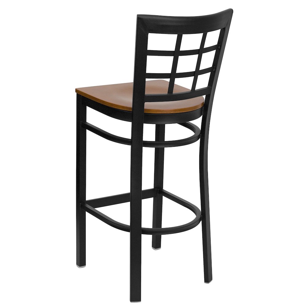 Black Window Back Metal Restaurant Barstool - Cherry Wood Seat. Picture 3