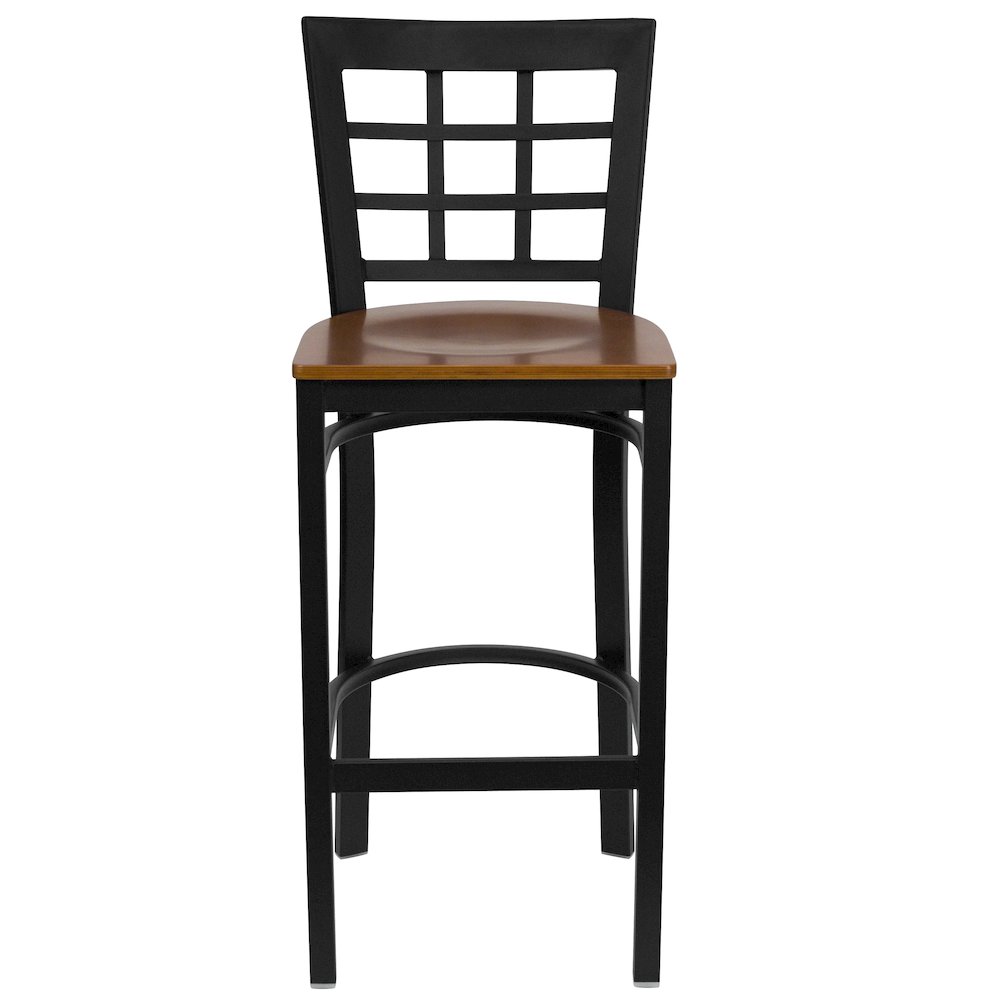 Black Window Back Metal Restaurant Barstool - Cherry Wood Seat. Picture 4