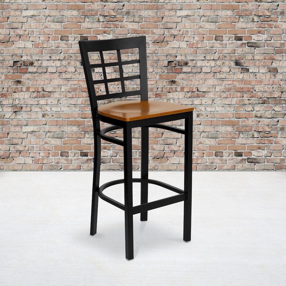 Black Window Back Metal Restaurant Barstool - Cherry Wood Seat. Picture 5
