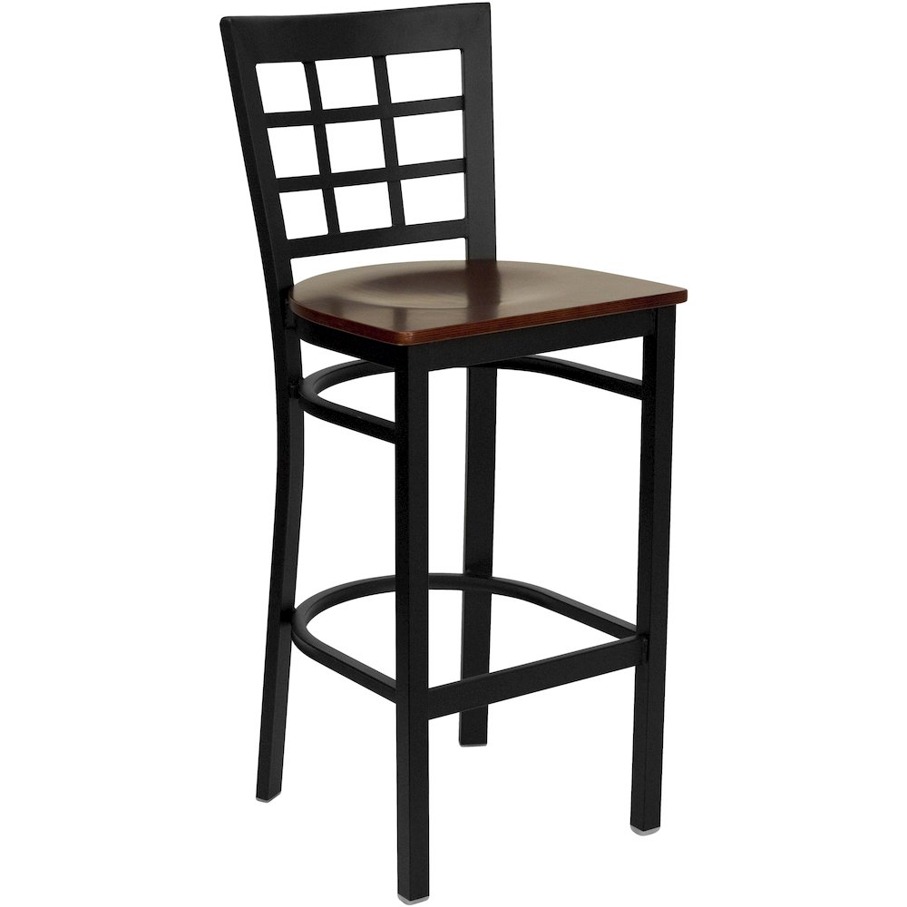 Black Window Back Metal Restaurant Barstool - Mahogany Wood Seat. Picture 1