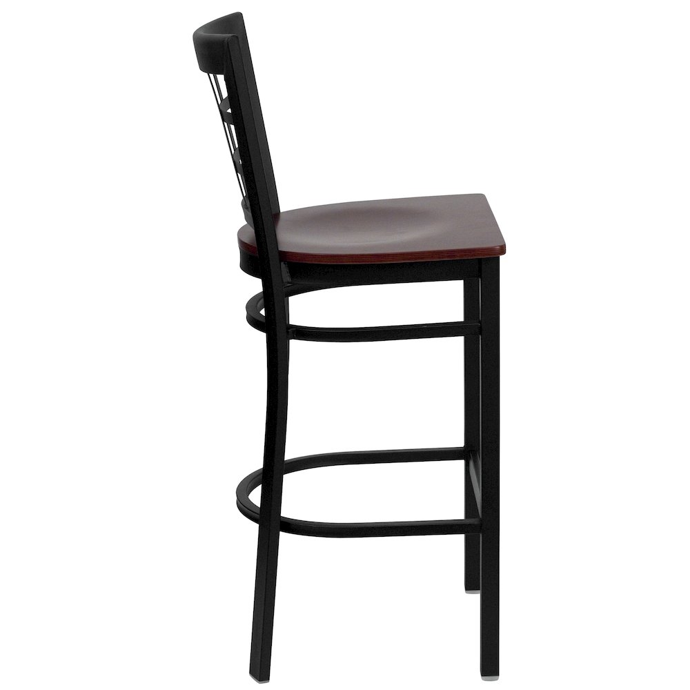 Black Window Back Metal Restaurant Barstool - Mahogany Wood Seat. Picture 2