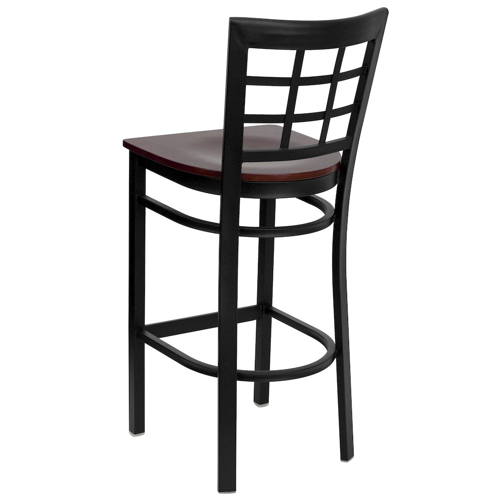 Black Window Back Metal Restaurant Barstool - Mahogany Wood Seat. Picture 3