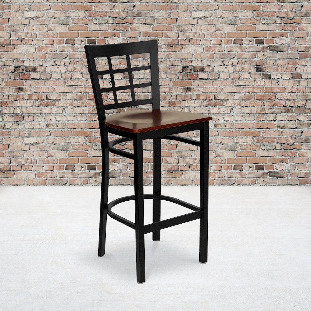 Black Window Back Metal Restaurant Barstool - Mahogany Wood Seat. Picture 5